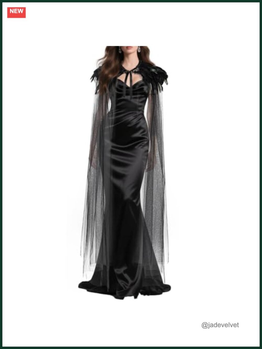 Black Feather Collar Mesh Cape Cloak Gothic Evil Queen Costume Cosplay Halloween